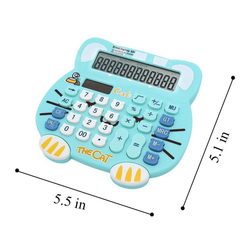 Loghot Adorable Creative 12 Digits Solar Dual Power Cartoon Cat Shape LCD Display Desktop Calculator with Big Screen White (Water Blue) Water Blue