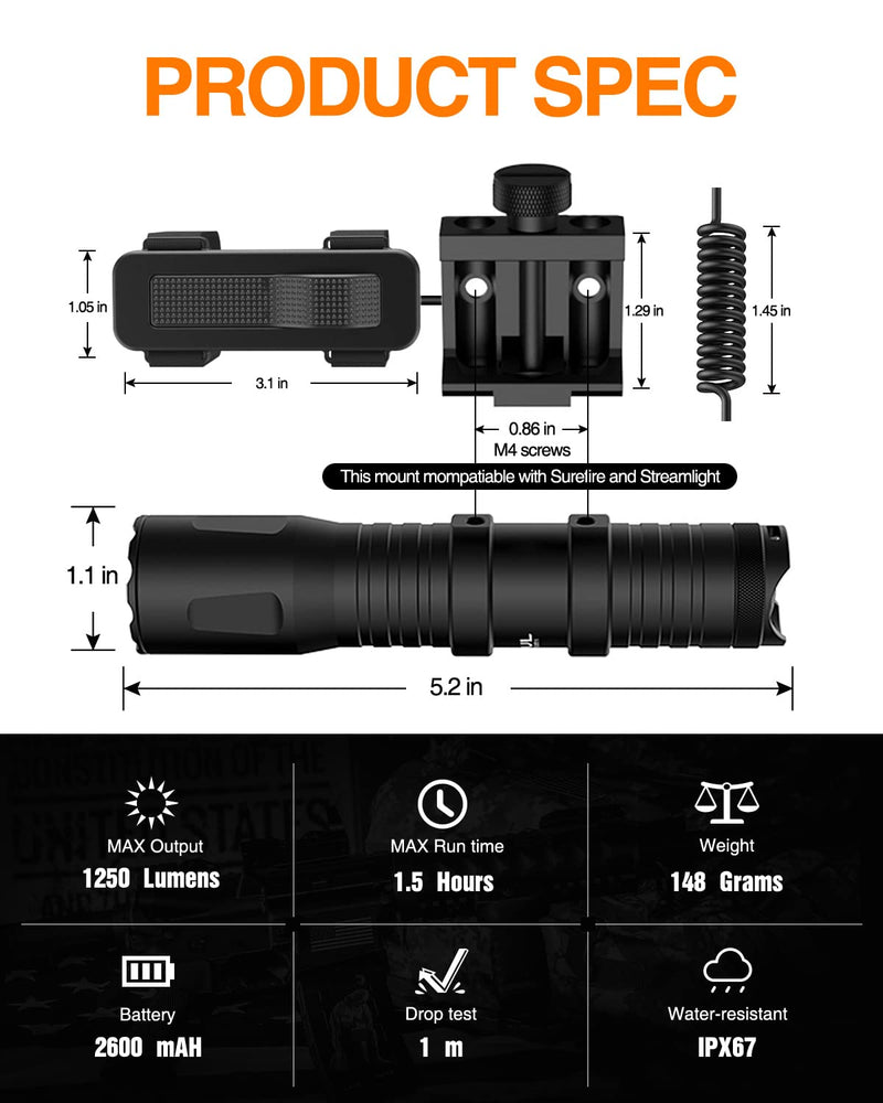 TOUGHSOUL Tactical Flashlight 1250 Lumens Picatinny Rail Mounted Rechargeable Tactical Flashlight with Remote Pressure Switch. LED Weapon Light with Flashlight Mount, Rechargeable Batteries Included