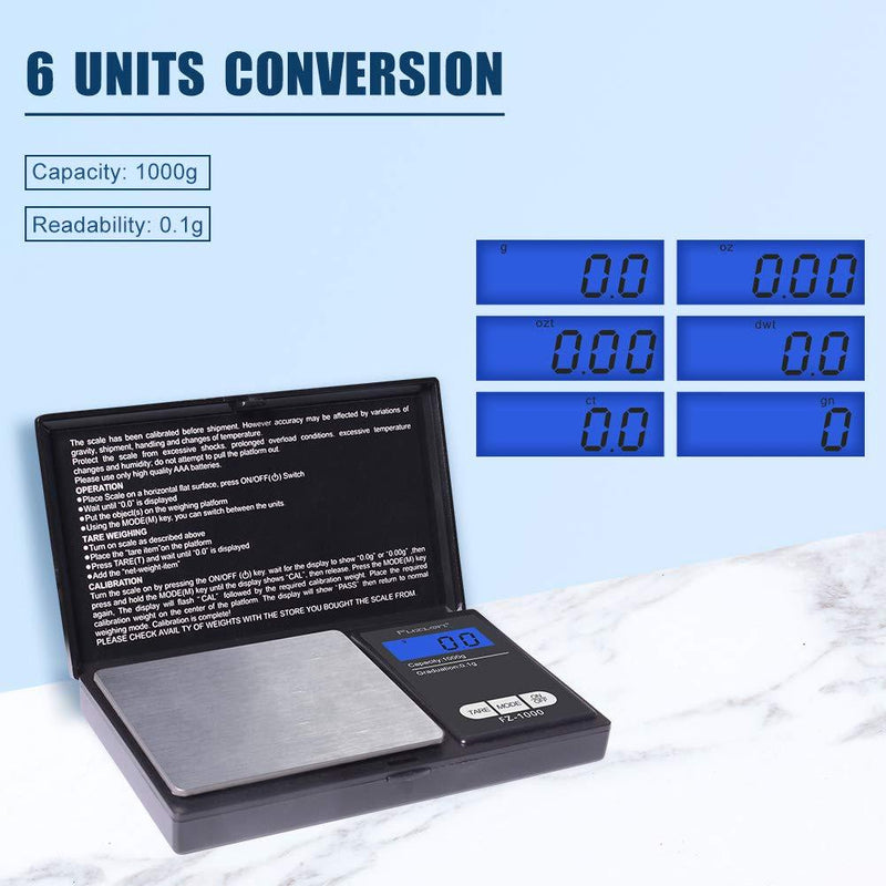 Fuzion Digital Pocket Scale 1000g/0.1g, Small Digital Scales Grams and Ounces, Herb Scale, Jewelry Scale, Portable Travel Food Scale( Battery Included ) Black 1000g × 0.1g