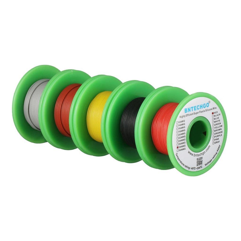 BNTECHGO 28 Gauge Silicone Wire Kit Red Black Yellow Brown and Gray Each 50ft 28 AWG Stranded Wire 28 gauge silicone wire each color 50 ft 28 gauge Silicone wire red black yellow brown and gray