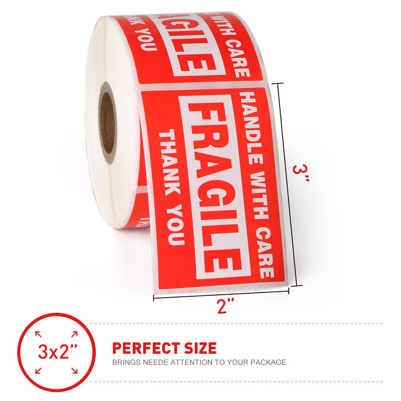 Fragile - 2"x3" Handle with Care Shipping Stickers, 500 Labels Per Roll