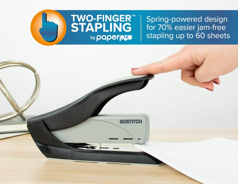 Bostitch 60 Sheet Heavy Duty Stapler - Two Fingers, No Effort, Spring Powered Stapler - Gray (1200)