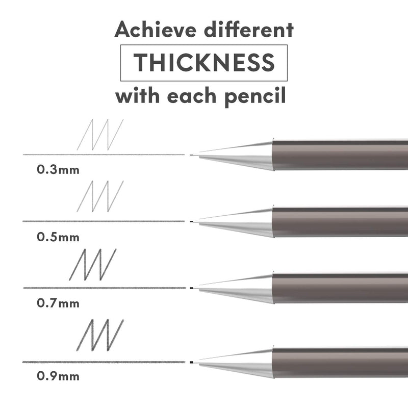 MozArt Mechanical Pencil Set with Case - 4 Sizes: 0.3, 0.5, 0.7 & 0.9 mm with 30 HB Lead Refills Each & 4 Eraser Refills - Drafting, Sketching, Illustrations, Architecture (Metal) Metal