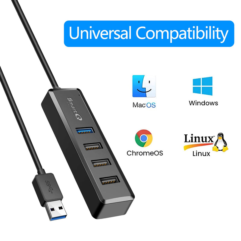 SmartQ USB Hub with 1 USB 3.0 + 3 USB 2.0 Total 4 Ports for MacBook, Mac Pro, Mac Mini, iMac, Surface Pro, XPS, PC, Flash Drive, Mobile HDD, and More (1 ft) 1 ft