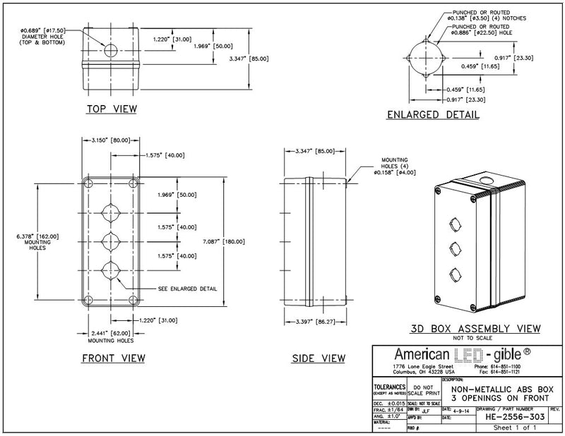 22mm Polycarbonate Enclosure, Light Gray, 3 Hole