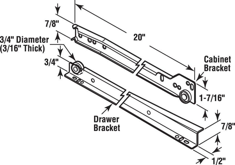 PRIME-LINE R 7212 Drawer Slide Kit â€“ Replace Drawer Track Hardware â€“ Self-Closing Design â€“Fits Most Bottom/ Side-Mounted Drawer Systems â€“19-3/4â€ Steel Tracks, Plastic Wheels, White 1 Pair (2 LH, 2 RH) 19-3/4