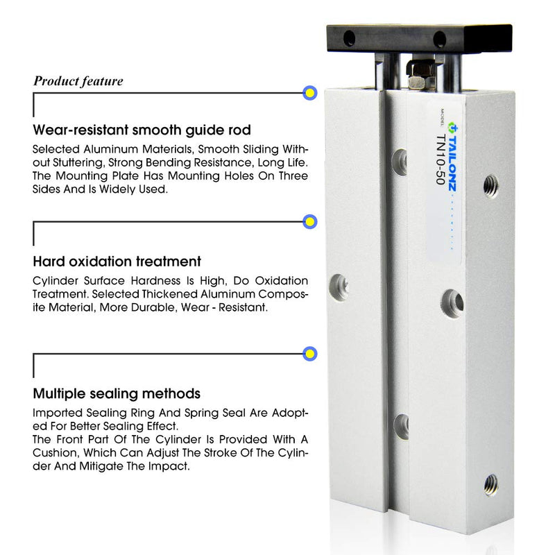 TAILONZ PNEUMATIC 10mm Bore 50mm Stroke Double-Rod Double-Acting Aluminum Pneumatic Air Cylinder TN10-50 Bore:10mm Stroke:50MM