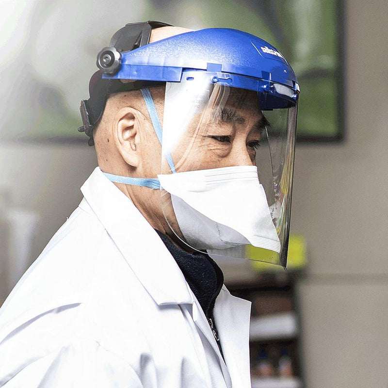 Sellstrom Single Crown Safety Face Shield with Ratchet Headgear, Clear Tint, Uncoated, Blue, 8" x 12" x .040, S39110 8" x 12" x .040" Ratcheting Suspension, Clear Tint, Uncoated