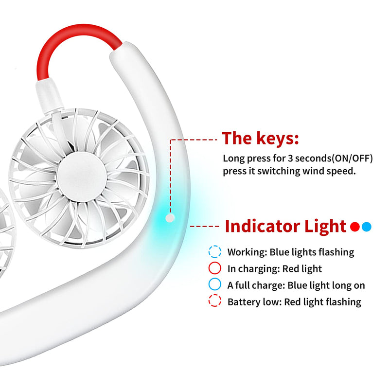 Portable Neck Fan Rechargeable Personal Hand-Free Fan Mini USB Wearable Neckband Sport Fan, 3 Speed Adjustable, 360 Degrees Free Rotation Perfect for Working, Traveling, Office, Reading (White) White