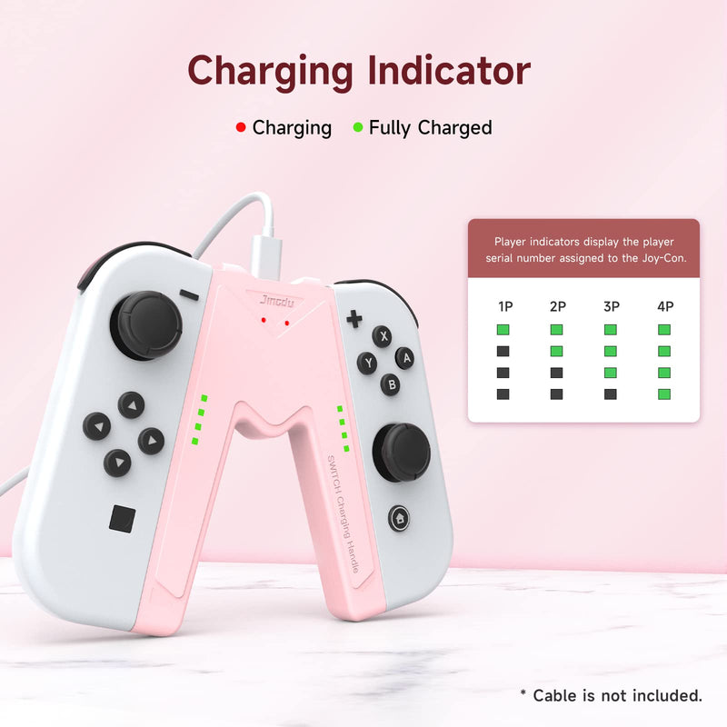 JINGDU Switch Joy-Con Charging Grip Compatible with Nintendo Switch Standard & OLED Model, V-Shaped Switch Joy-Con Controller Charger with Indicators, Play While Charging, Pink