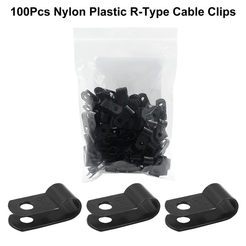 Unlorspy 100 Pcs Black R-Type Cable Clip 1/4 Inch Nylon Plastic R Type Wire Clamp for Wire Management (6.4mm, 1/4 Inch) 6.4mm, 1/4 Inch