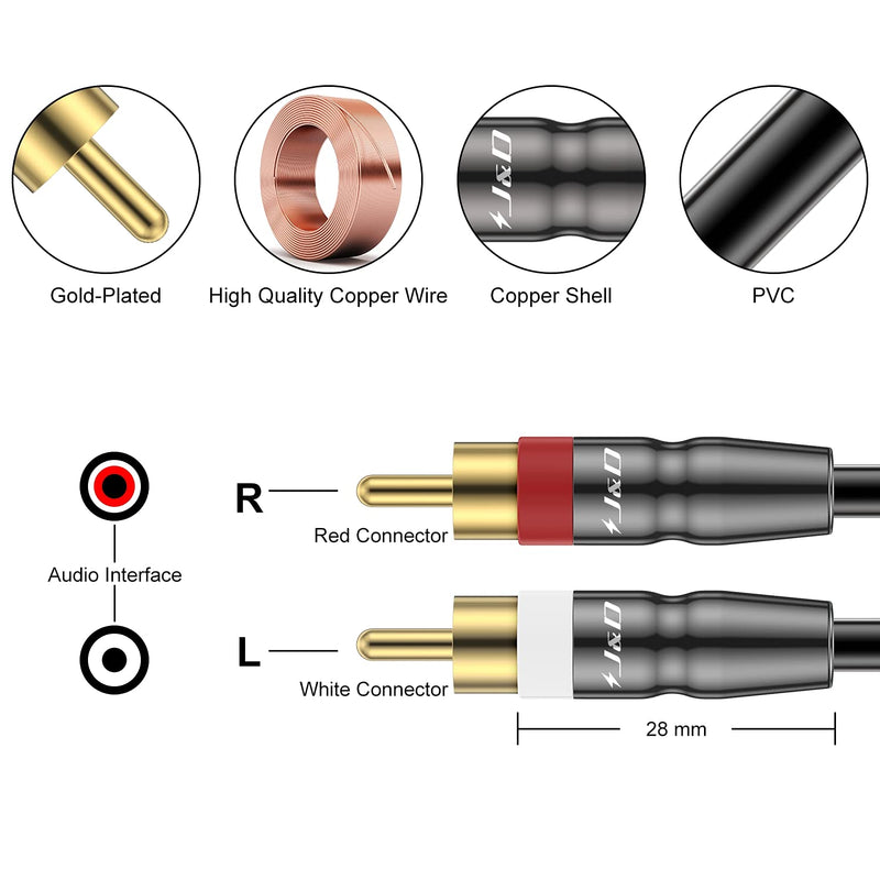 J&D 2 RCA to 2 RCA Cable, Copper Shell Gold-Plated 2RCA Male to 2RCA Male Cable Stereo Audio RCA Cable, 3 Feet