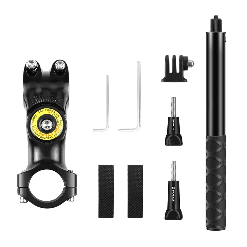 PULUZ Third Person Perspective Motorcycle Bike Handlebar Mount Selfie Stick Long Pole for Gopro, Insta360, Action Camera Bracket Adapter Clamp Holder with Monopod Stand 11-44.7 inch Adjustable Length