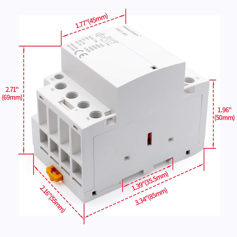 Heschen Household AC Contactor HS1-63 4 Pin 2NO 2NC AC 220V/240V Coil Voltage 35mm DIN Rail Mount