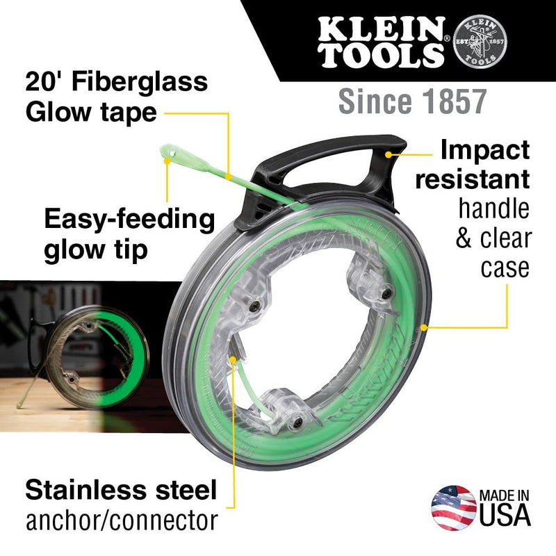 20-Foot Glow In The Dark Fish Tape, Fiberglass with Nylon Tip and Stainless-Steel Connector for Fish Rod Attachments Klein Tools 50550