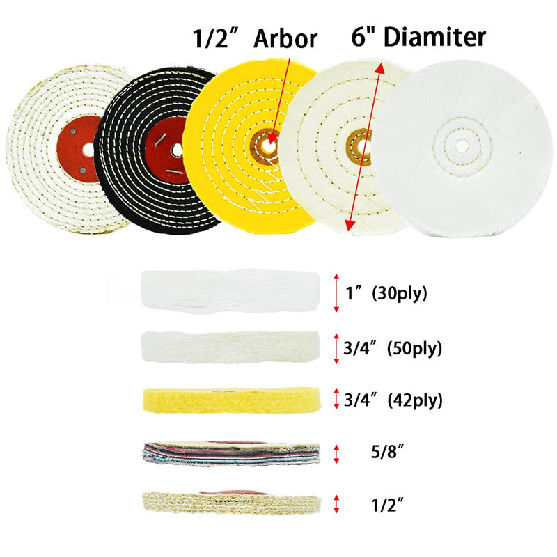 Buffing Polishing Wheels 6in x 1/2in Arbor Soft (30Ply) / Fine (50Ply) / Medium (42Ply) / Coarse (50Ply) / Rough (5Ply) for Bench Grinder - 5pcs 5 Grits 5pcs