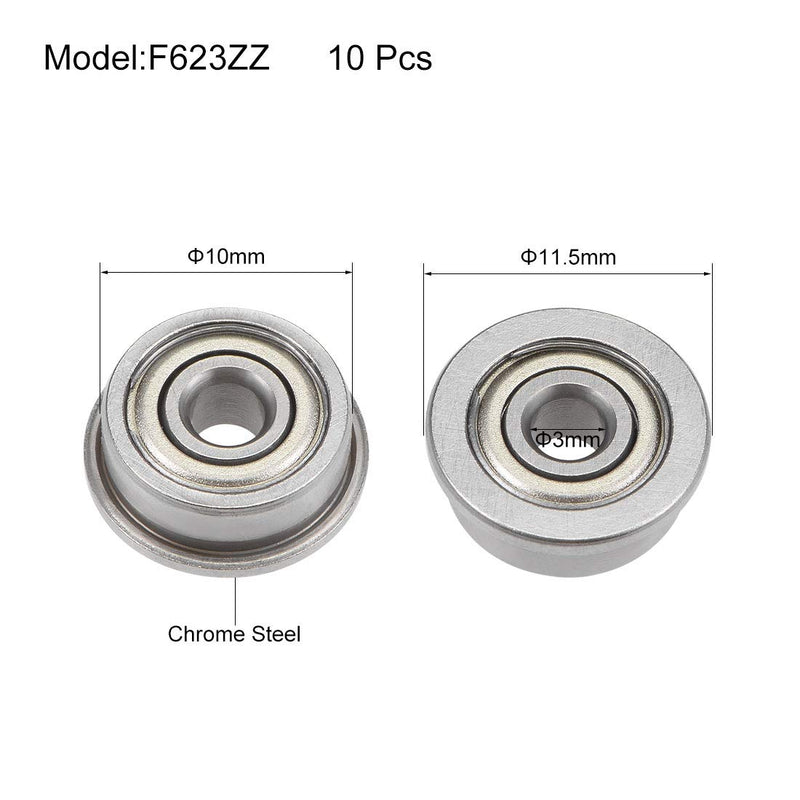 uxcell F623ZZ Flanged Ball Bearing 3x10x4mm Shielded Chrome Steel Bearings 10pcs