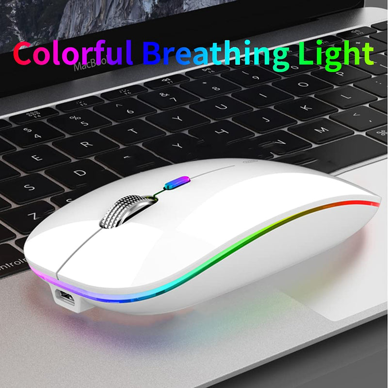 LED Wireless Mouse, Uiosmuph G12 Slim Rechargeable Wireless Silent Mouse, 2.4G Portable USB Optical Wireless Computer Mice with USB Receiver and Type C Adapter (White) White