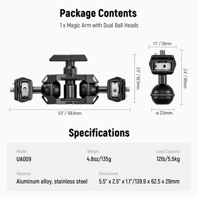 NEEWER Flexible Articulating Magic Arm with Dual Ball Heads with 1/4" Screws and Retractable Anti Twist Pin, Camera Field Monitor Mount Compatible with SmallRig Cage, UA009