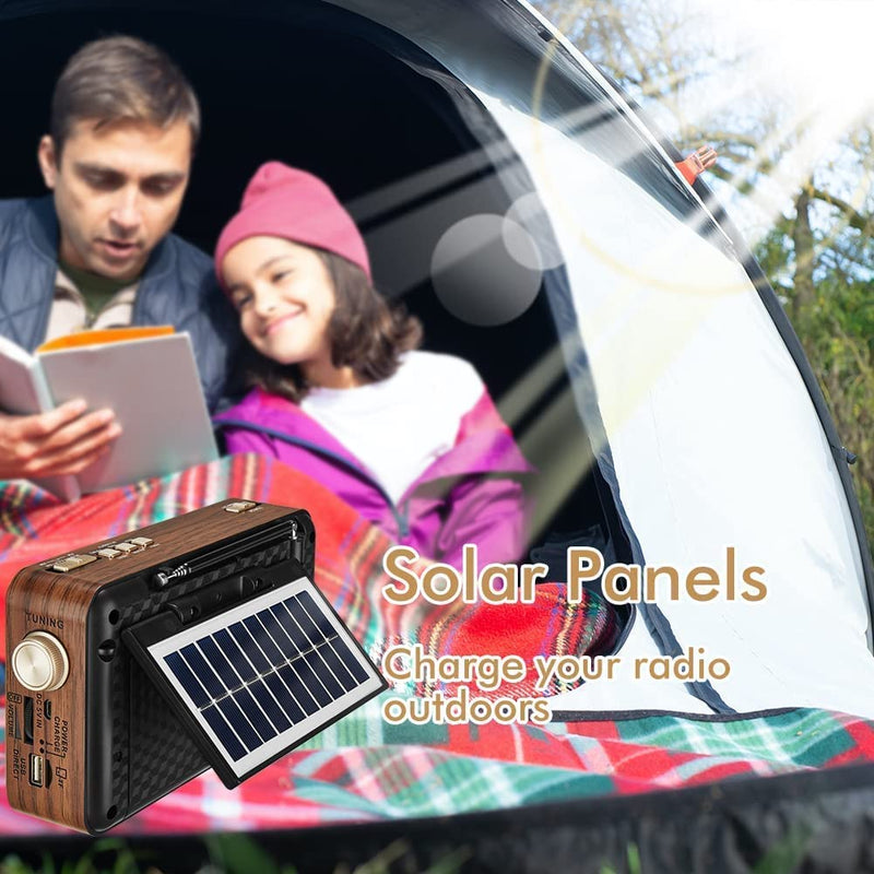 Retro Radio AM FM Shortwave with Bluetooth Speaker, Battery Operated Vintage Radio with Flashlight, Portable Radio with Solar Panel/Aux/USB/TF Card/Input