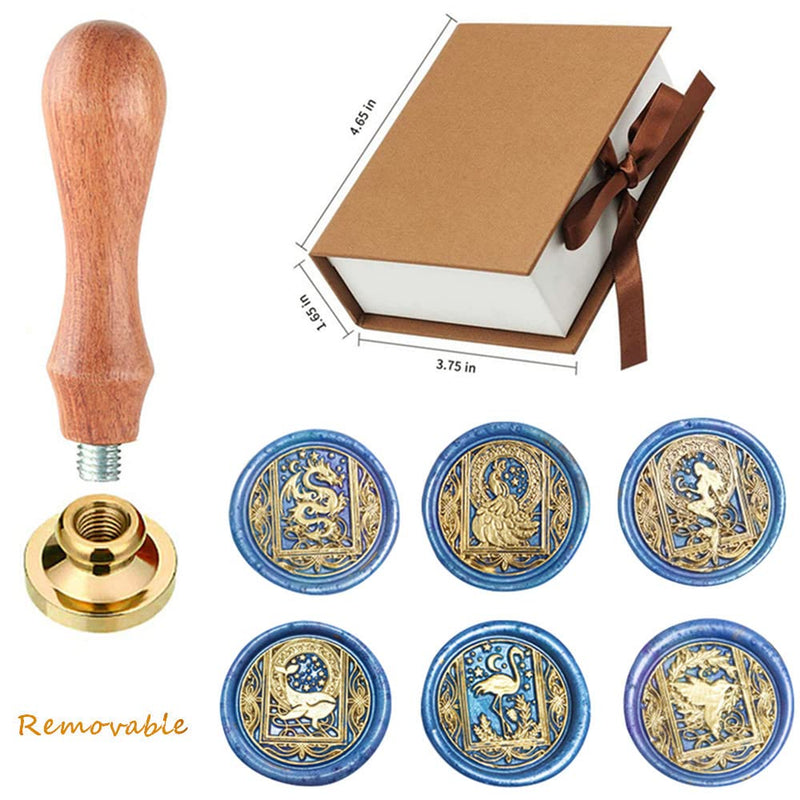 Wax Seal Stamp, Animal Wax Seal Stamp Set with 6 PCS Removable Brass Heads and 1 Wooden Handle, Dragon Mermaid Peacock Wax Seal Stamp Kit for Wedding Invitation Envelopes Decoration Starry Animal Wax Seal Stamp Set 1