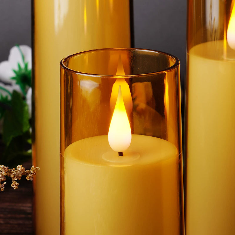 Amagic Acrylic Flameless Candles, Battery Operated Candles, Flickering LED Pillar Candles with Remote Control and Timer, 3D Wick, Gold, Set of 5
