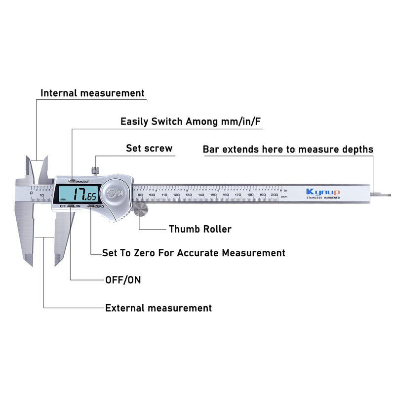 Kynup Digital Caliper, 8 Inch Caliper Measuring Tool with Stainless Steel, IP54 Waterproof Protection Design, Easy Switch from Inch Metric Fraction, Large LCD Screen (200mm) 200mm Silver