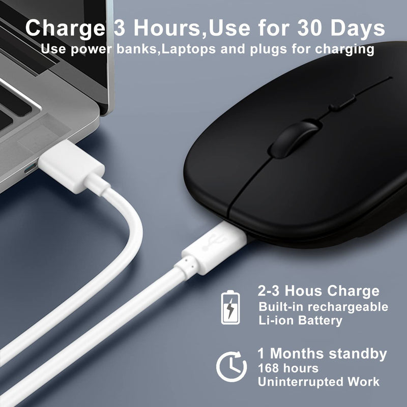 Wireless Bluetooth Mouse for iPad/MacBook Pro/Air /Laptop/pc Rechargeable Silent Mouse Portable Slim for Surface Pro/Lenovo/ Samsung Tablet (Black) Black