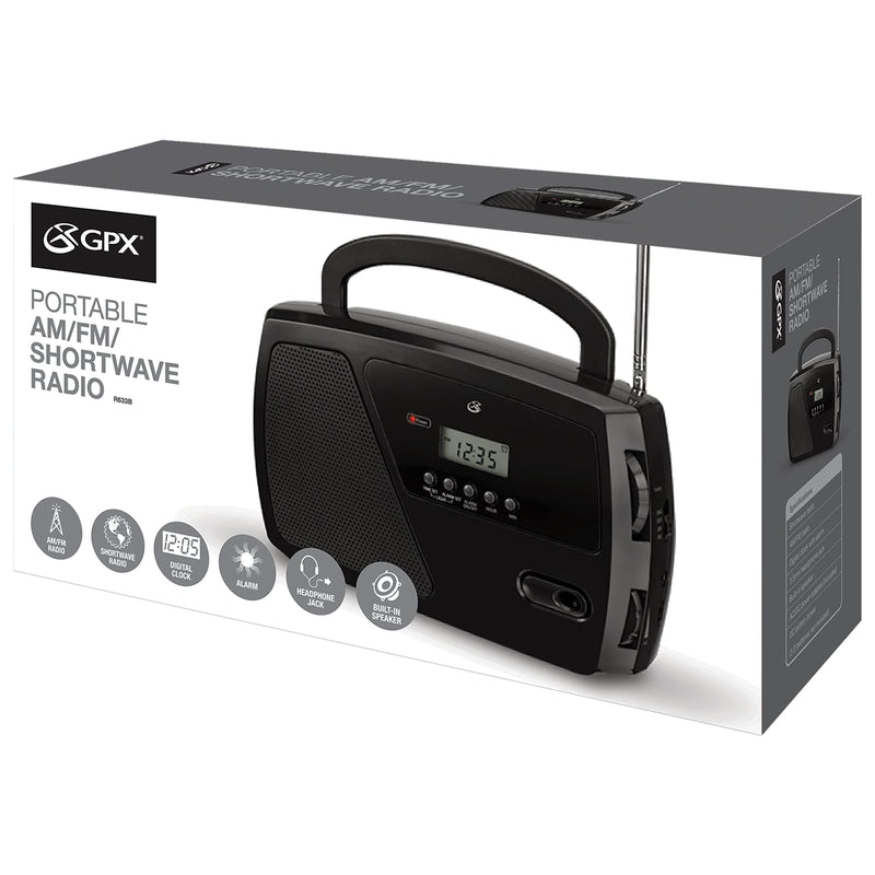 GPX, Inc. R633B Portable Shortwave AM/FM Clock Radio (Black)