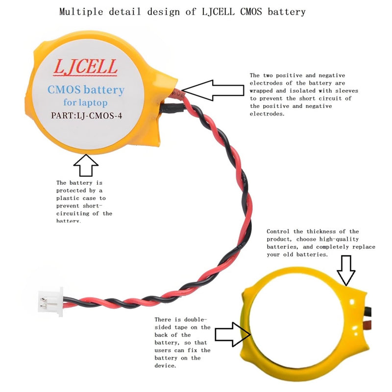 LJCELL CMOS Battery for Dell Latitude E5440 E5450 E6440 E6420 E7440 E7240 Alienware M11x R1 R2 Area-51 M9700 M9750 Laptop BIOS RTC CR2032 Battery with 2 Wire Cable and Connector. CMOS-CR2032-4 1 Count (Pack of 1)