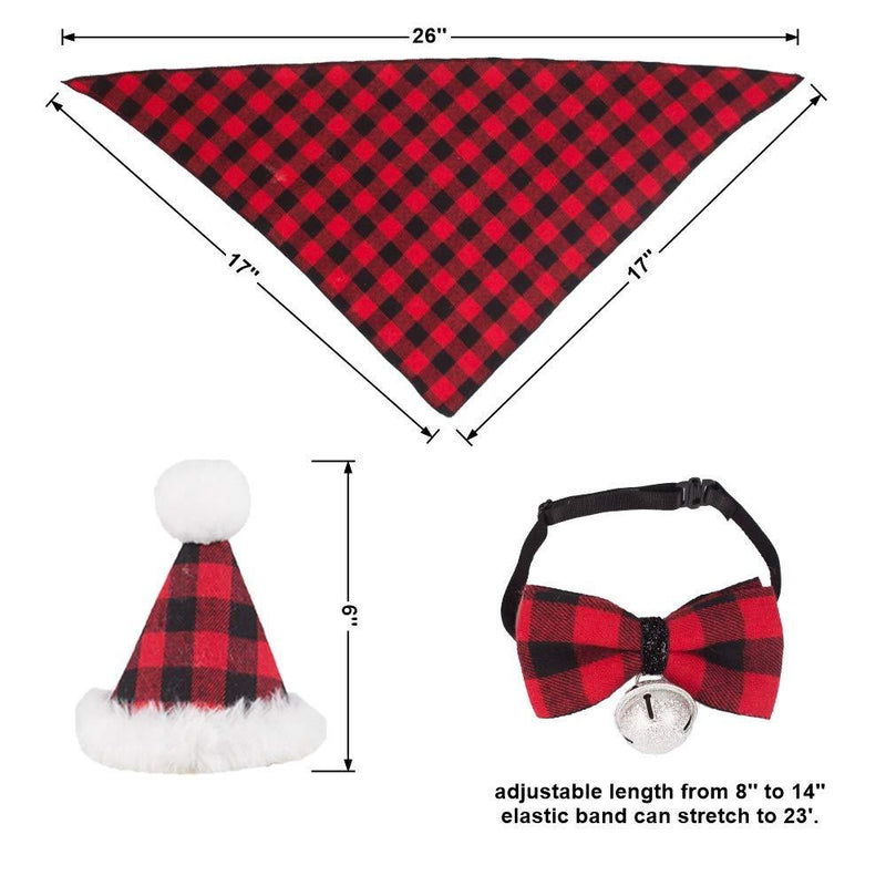 Christmas Dog Bandana Hat Bow tie Set - Classic Plaid Pet Scarf Triangle Bibs Dog Christmas Costume Decoration Accessories for Small Medium Large Dogs Cats Pets Red