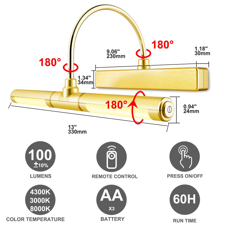 LUXSWAY Wireless Picture Light Battery Operated, Remote Control Painting Light with Rotatable Light Tube, Dimmable and Timer Off Art Display Light for Picture Frame Artworking Portrait -Orange Gold A-gold