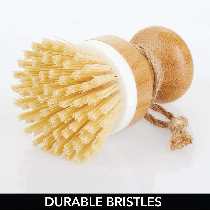 mDesign Bamboo Round Mini Palm Scrub Brush, Stiff Bristles - Wet Cleaning Scrubber - Wash Dishes, Pots, Pans, Vegetables - for Kitchen Sink, Bathroom, Household Cleaning - 2 Pack - White/Natural Wood
