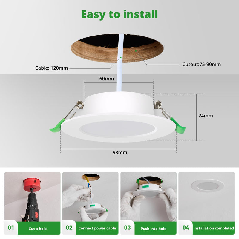 HOMEOW LED recessed spotlight 230V flat 7W 600LM, dimmable LED spots warm white 2700K neutral white 4000K cold white 6000K, IP44 recessed lights for the bathroom, 75-90MM hole size, set of 12
