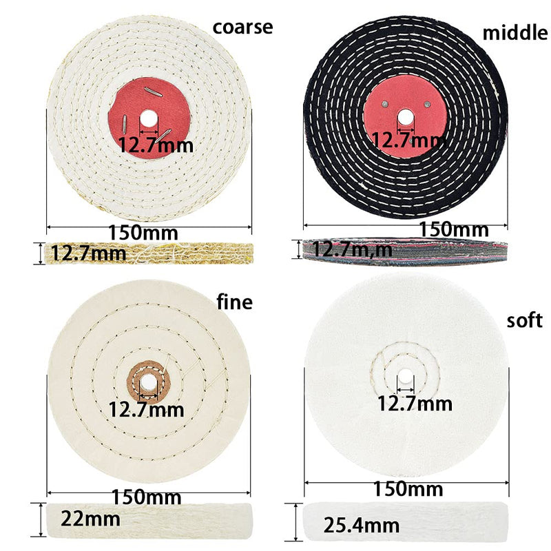QZATACAEN 150mm polishing wheel suitable for polishing grinders with 12.7mm (soft and fine) and 12.7mm (medium and coarse) mandrel hole - 4 pieces...