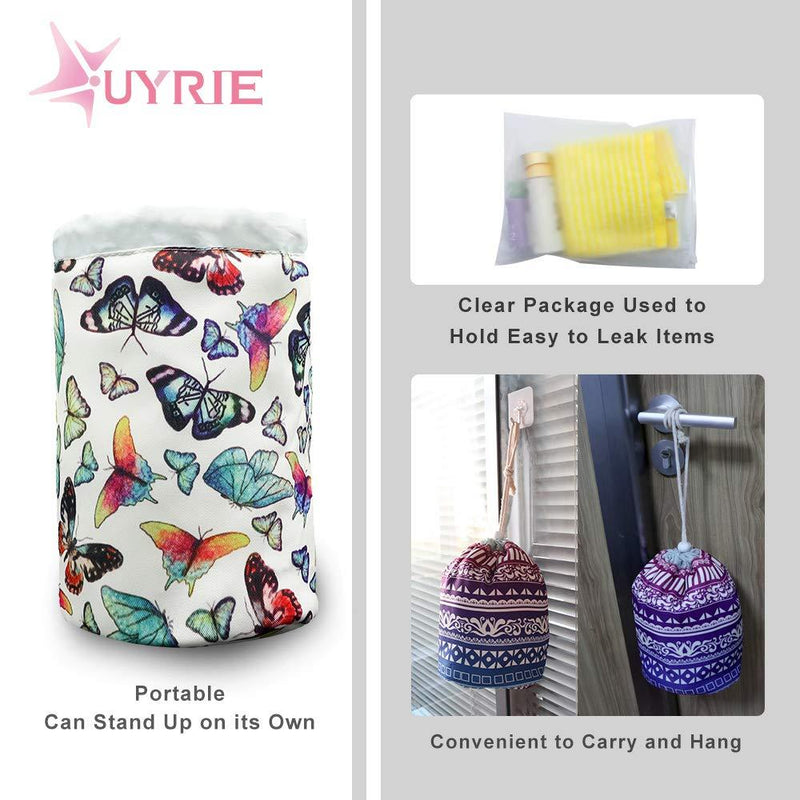 UYRIE Portable Makeup Toiletry Cosmetic Travel Organizer Bag, Large Drawstring Hanging Packing Bag for Women Girl Men, Lightweight Multifunctional Barrel Shaped Storage Bag Butterfly Family