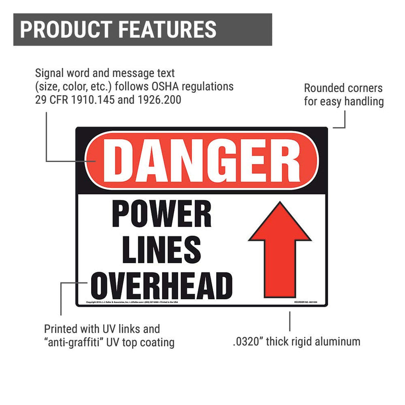 Danger: Power Lines Overhead Sign - J. J. Keller & Associates - 20" x 14" Aluminum with Rounded Corners for Indoor/Outdoor Use - Complies with OSHA 29 CFR 1910.145 and 1926.200