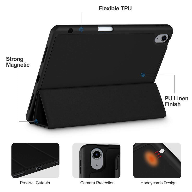 Akkerds Case Compatible with iPad Air 4th Generation Case 2020 10.9 Inch [Pencil Holder/2nd Pencil Charging] [Auto Sleep/Wake], Trifold Stand Smart Case Compatible with iPad Air 4 Case, Black