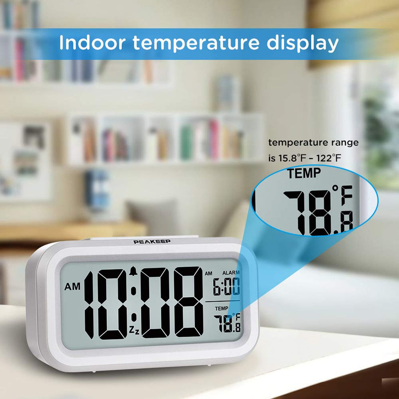 Peakeep Smart Night Light Digital Alarm Clock with Indoor Temperature, Battery Operated Desk Small Clock (White) White