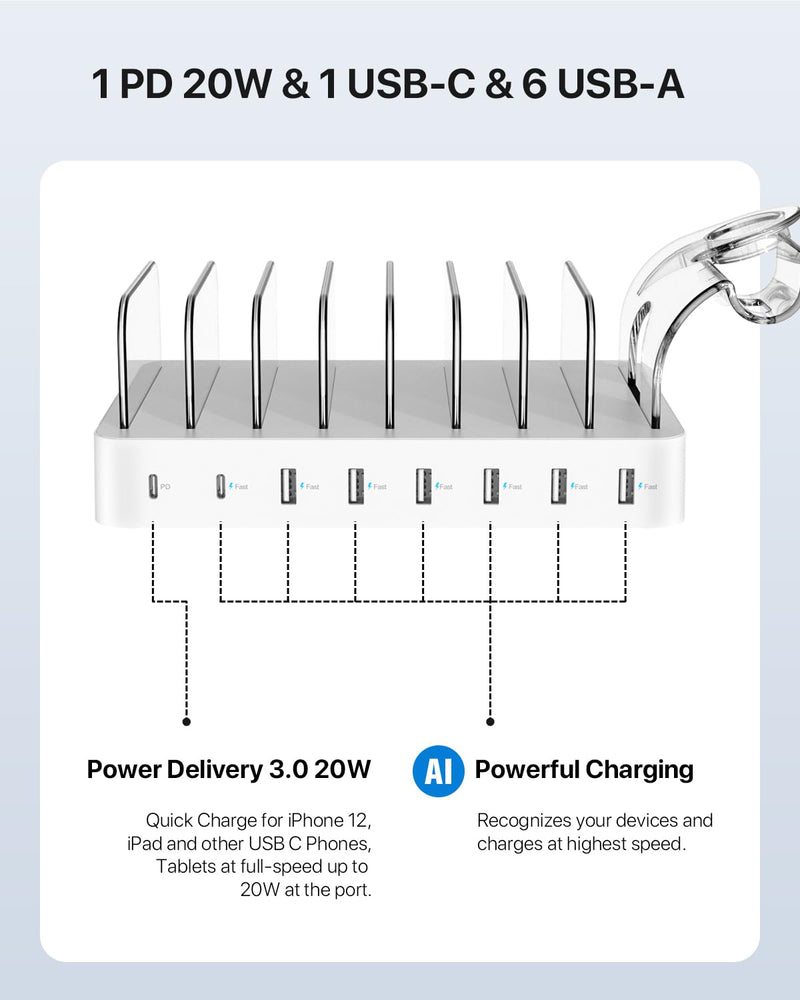 SooPii 8-Port USB-C Charging Station for Multiple Devices, with 1 PD 20W Port Supports Fast Charging, 8pcs Mixed Charging Cables and 1pcs Upgraded Holder for lWatch Charger & Air-Pods, White
