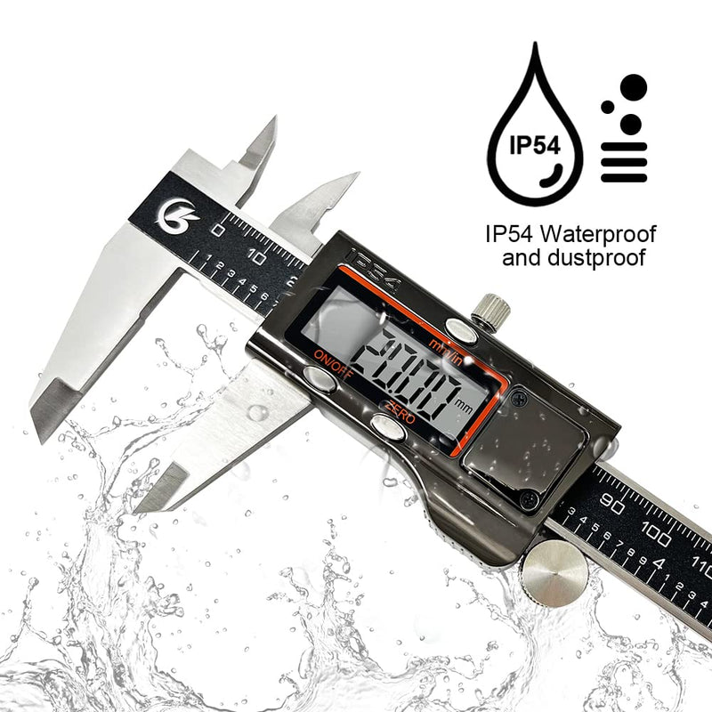 KETOTEK Digital Caliper Measuring Tool, IP54 Waterproof Stainless Steel Electronic Vernier Caliper 6 Inch/150mm Digital Micrometer with Large LCD Screen IP54 Stainless steel