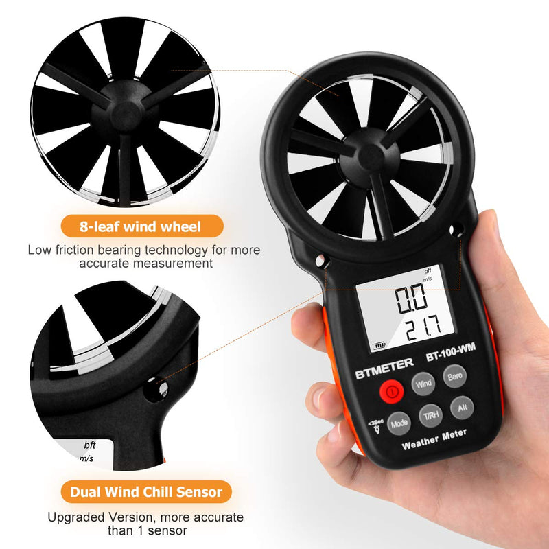 BTMETER Digital Anemometer Barometer Handheld, for Wind Speed Temperature Wind Chill Tester w/Humidity, Altitude, Barometric Pressure Meter for Climbing Drone HVAC CFM BT-100WM BT-100WM Anemometer