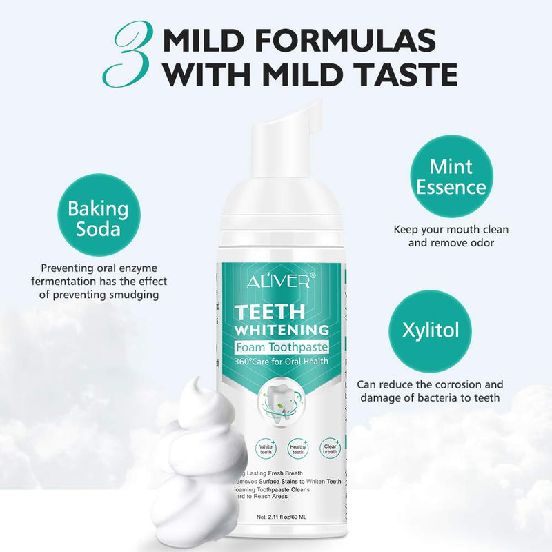Teeth Whitening Toothpaste, 2 Pack Citrus Baking Soda Toothpaste, Foam Whitening Toothpaste, Ultra-fine Mousse Foam Deeply Cleaning Gums, Stain Removal, Natural Mouth Wash Water (2 x 60ml) 2.11 Fl Oz (Pack of 2)