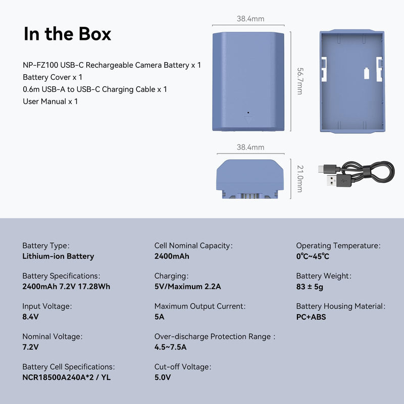 SmallRig NP-FZ100 2400mAh Camera Battery for Sony A7R V, A7 IV, A7S III, USB-C 2.5H Fast Charging Rechargeable Battery for Sony A7R IV, A7R III, A7 III, A7C, A6600, A6700, FX3, FX30, ZV-E1, A9II- 4265