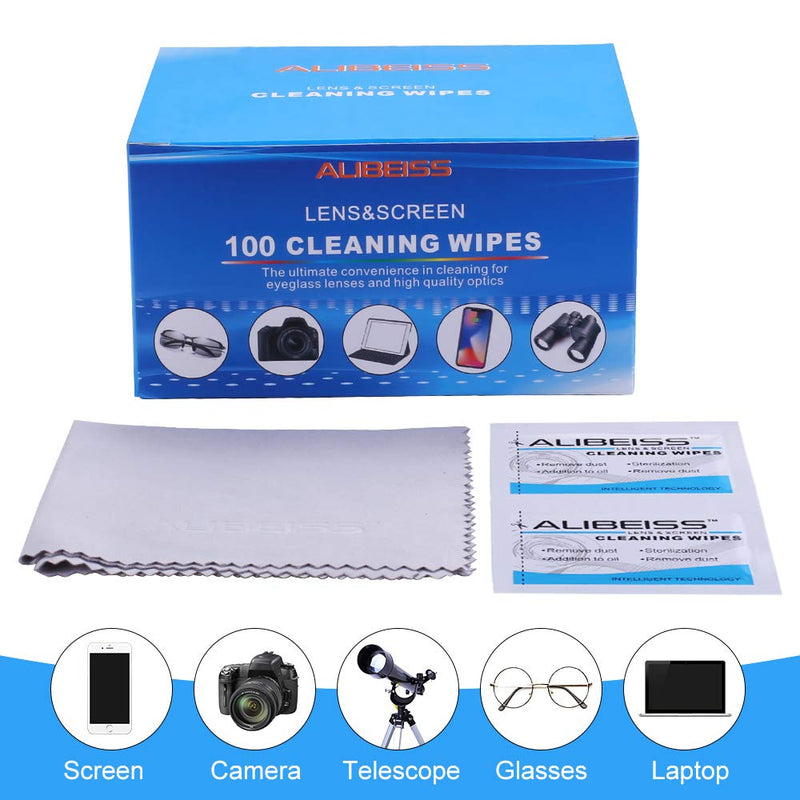 Pre-Moistened Lens Wipes ALIBEISS Screen Wipes for Glasses, Camera,Tablets, Smartphone, Screens and Other Delicate Surfaces,Pack of 100 100 Count (Pack of 1)