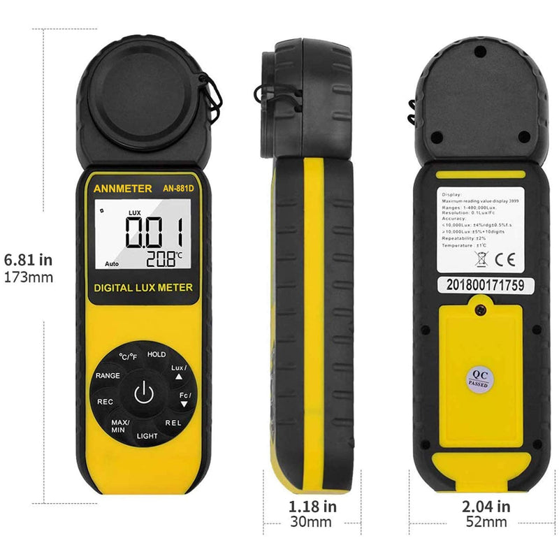 ANNMETER AN-881D Digital Illuminance Meter, Lux Meter with 0.01-400,000 Lux (0.01-40,000 FC) Foot Candle Measuring Ranges, Light Meter for Plants, Par Meter with 270°Rotatable Detector AI-881D Illuminance Meter Range 0.1~400,000Lux