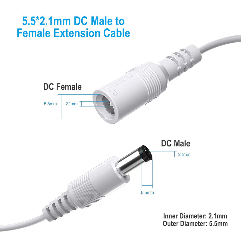 2 Pack 33ft/10M Power Extension Cable, 2PCS DC 12V Power Adapter Extension Cord 2.1mm x 5.5mm, Compatible with 12V DC Adapter Power Supply or Wall Charger for CCTV Security Camera IP Camera(White) 2Pack White