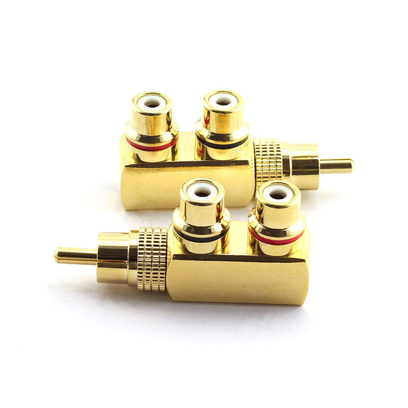 RuiLing 2pcs Copper RCA Splitter Plug 90 Degree Right Angle AV Audio Video Converter Connector Gold Plated 1 Male to 2 Female Adapter