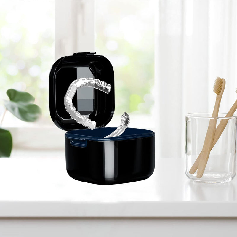 whoobell Denture Cup，Retainer Case,Cute Night Mouth Guard Box Holder, Storage Soak Container Black