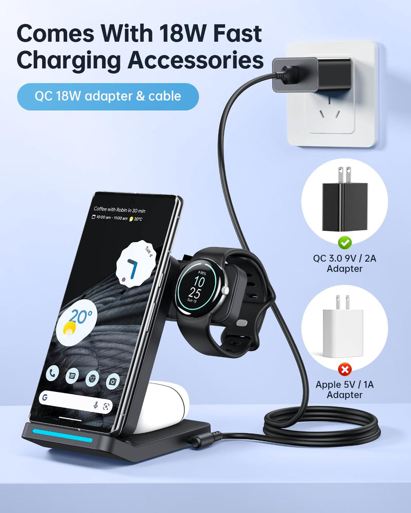 Houflody 3 in 1 Foldable Wireless Charging Station for Google Pixel Watch, Pixel Buds Pro and Google Phones Fold/7 Pro/7a/7/6 Pro/6/5/4/3/XL, Wireless Charger with QC 18W Adapter, Black